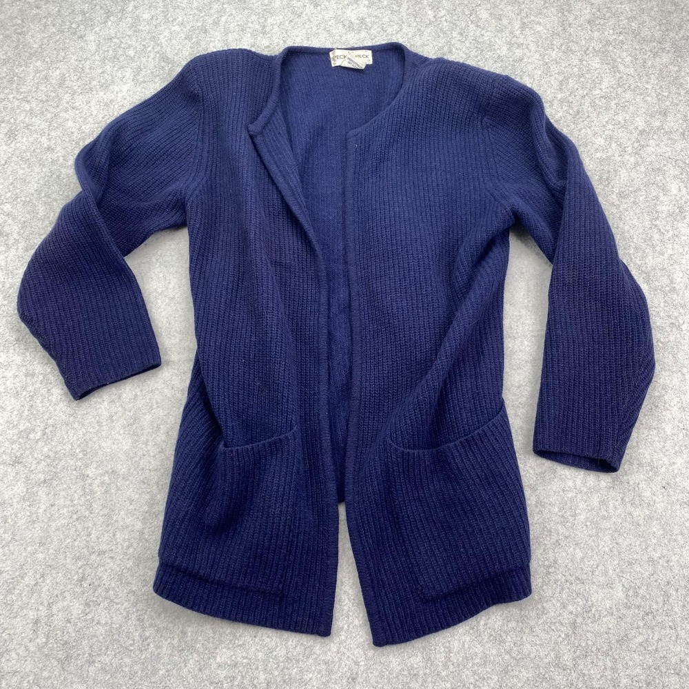Vintage Peck & Peck Cardigan Sweater Womens M Blue Lambswool Angora Pockets